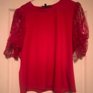Elegant Red Women's Top with Sheer Puff Sleeves